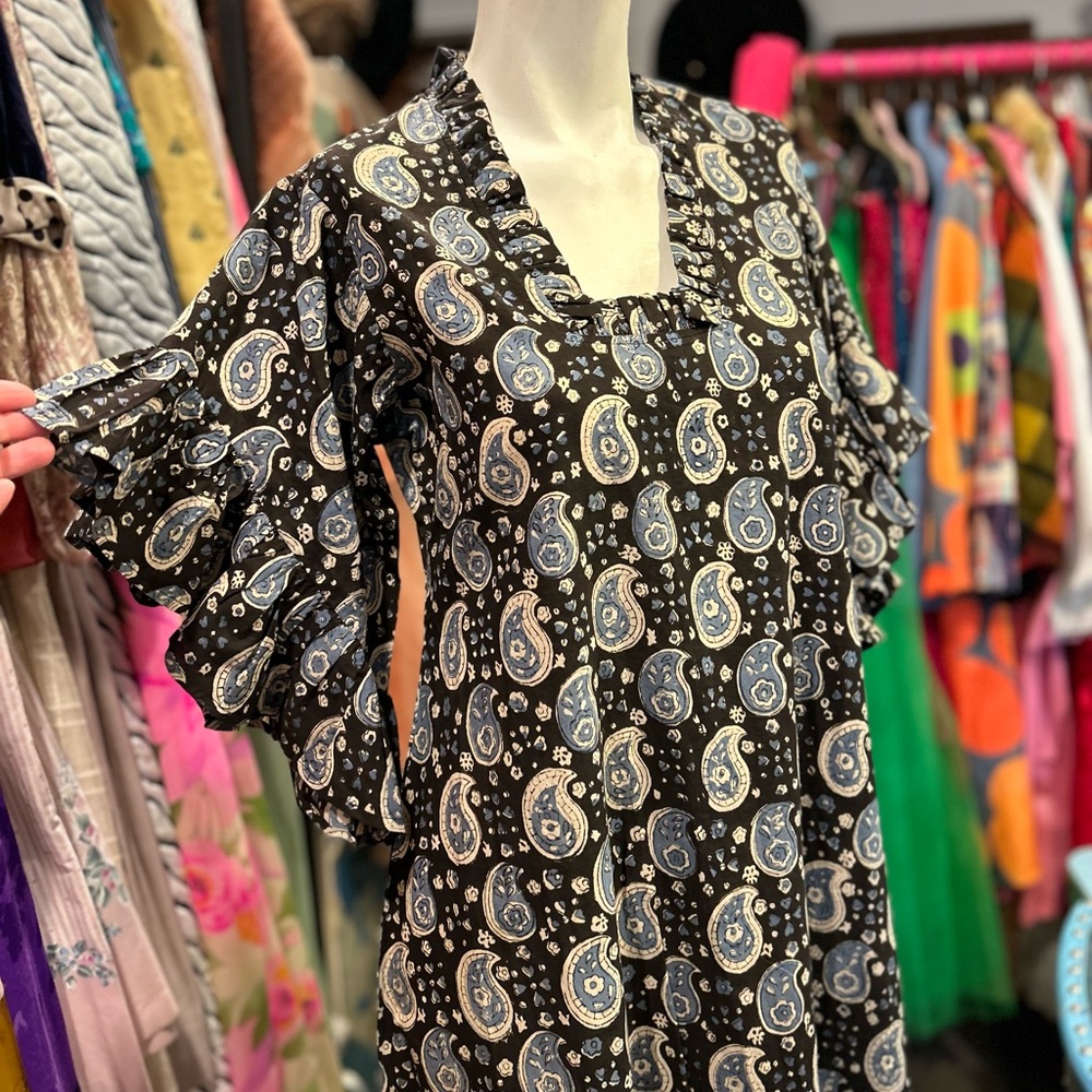 Black Paisley Midi Dress with Ruffle Sleeves